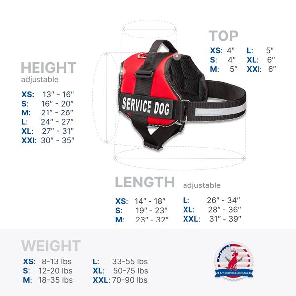 Service Dog Vest Size chart in inches