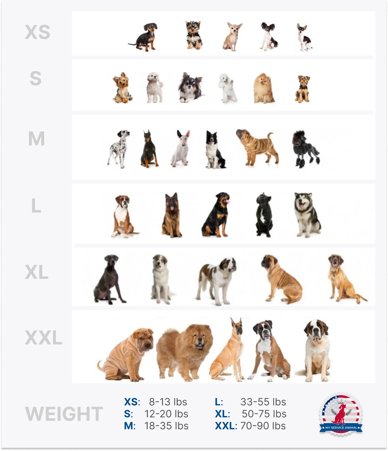 Service Dog accessories size chart