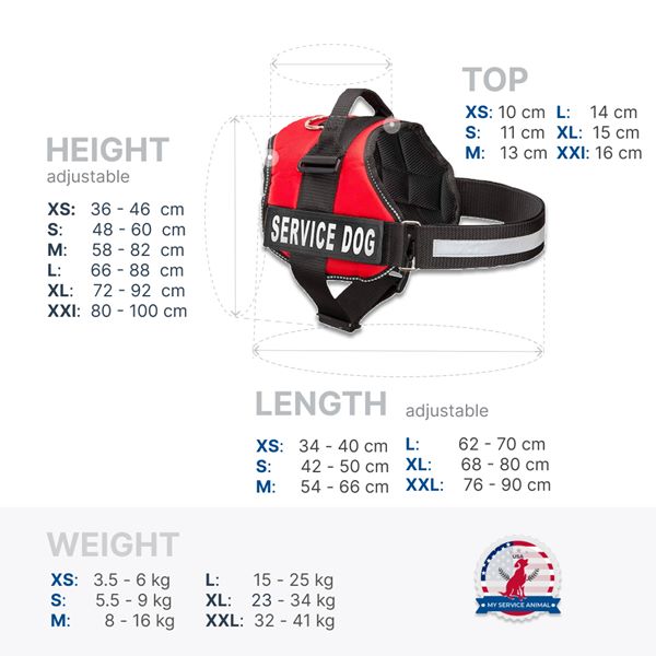 Service Dog Vest Size chart in cantimiters