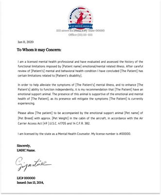 ESA Doctor's letter sample from MyServiceAnimal
