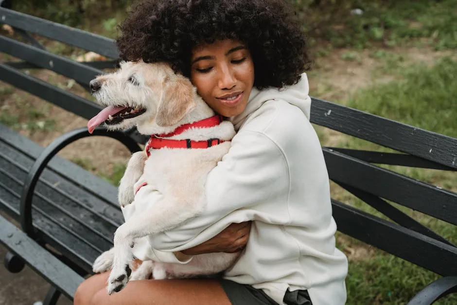Person hugging emotional support dog for mental health comfort and anxiety relief