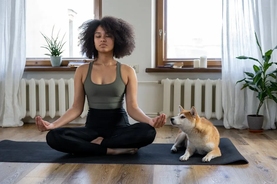 Woman practicing mindfulness meditation with emotional support animal nearby for mental health support