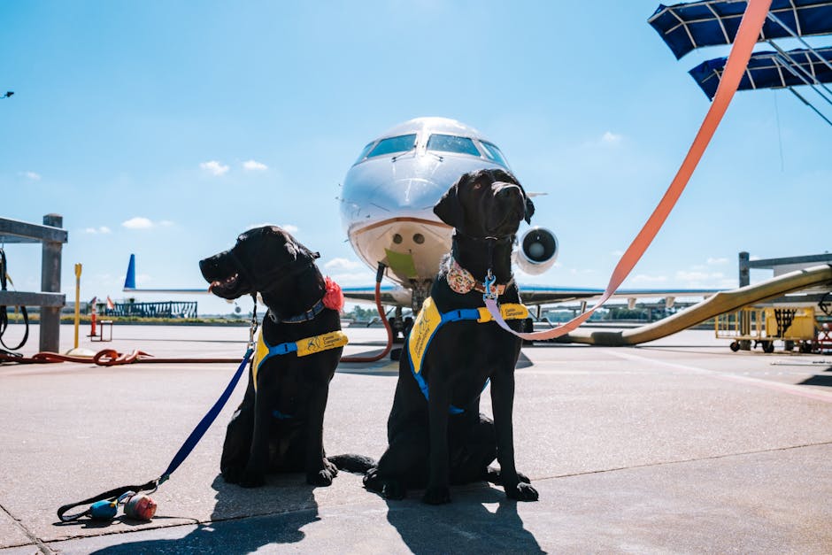 Two Labrador Retrievers wearing ESA vests at airport representing emotional support animal travel in California