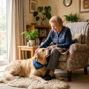 Therapy dog providing animal-assisted therapy to elderly person in comfortable setting