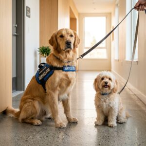Service dog in vest next to emotional support animal showing key differences between the two types