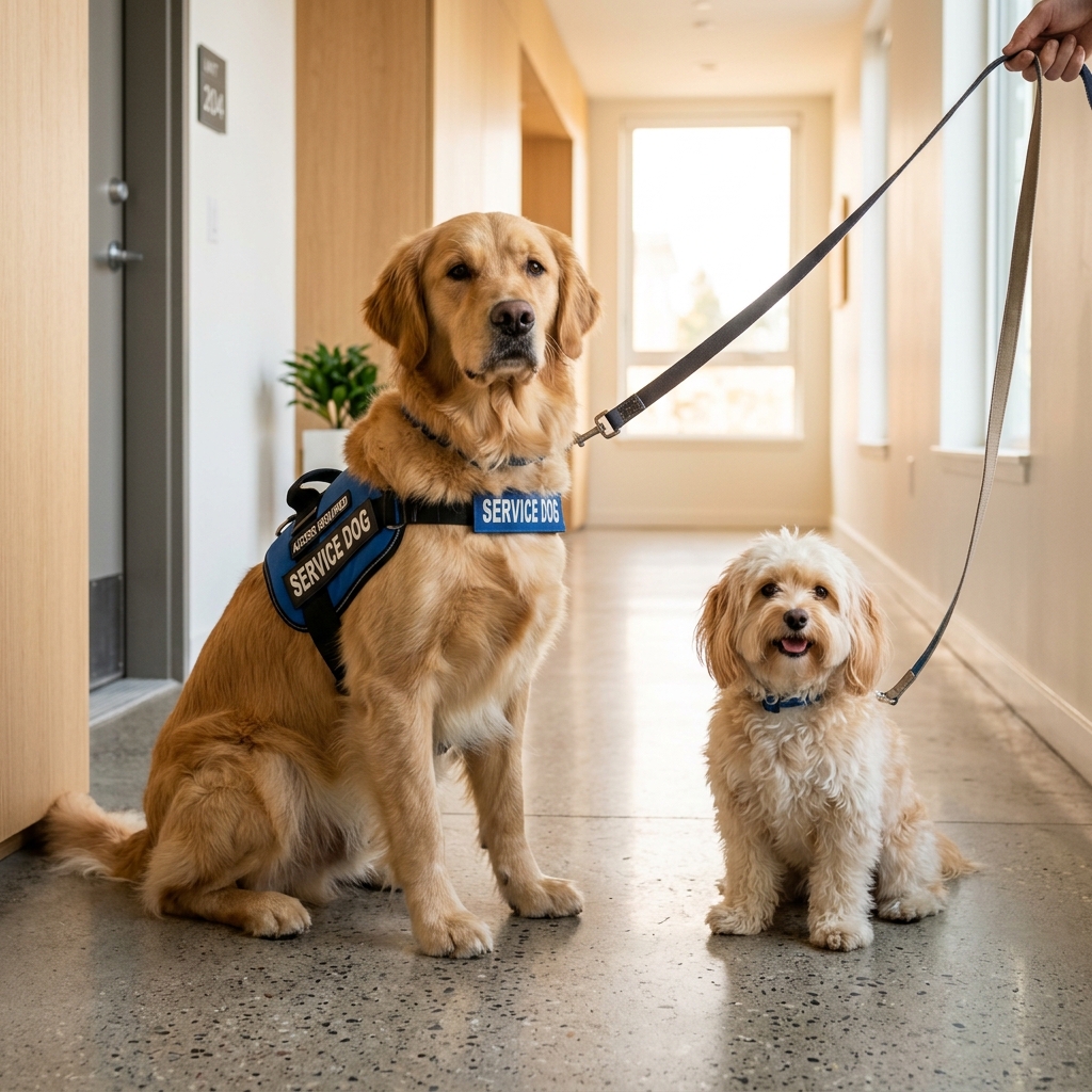 Service dog in vest next to emotional support animal showing key differences between the two types