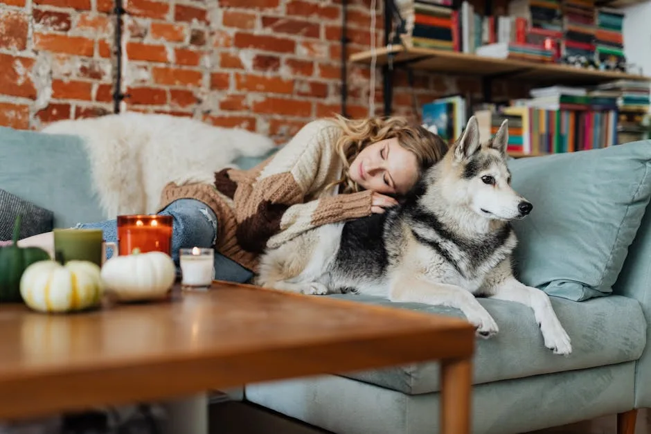 Person cuddling with emotional support dog on couch at home