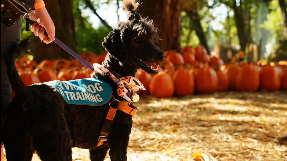 Service dog equipment including leash collar and training gear laid out