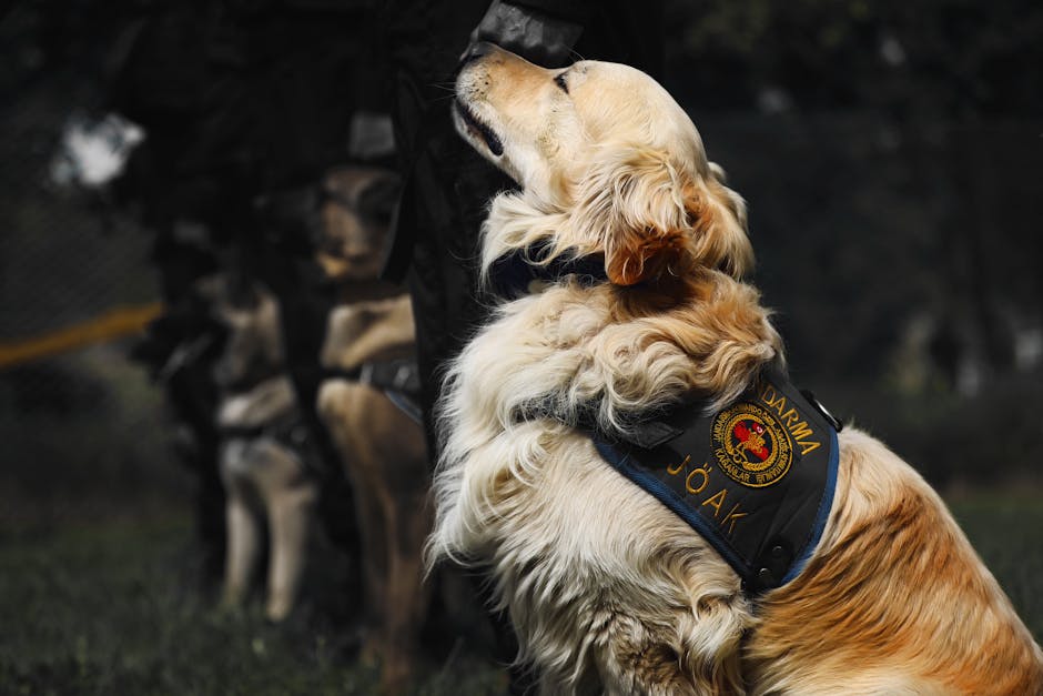 A loyal Golden Retriever in a gendarmerie vest, ready for service outdoors.