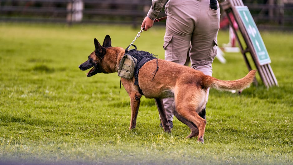A police dog in harness participating in training outdoors with handler on a grassy field.
