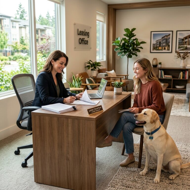 Landlord reviewing ESA verification documents with tenant and emotional support dog in leasing office
