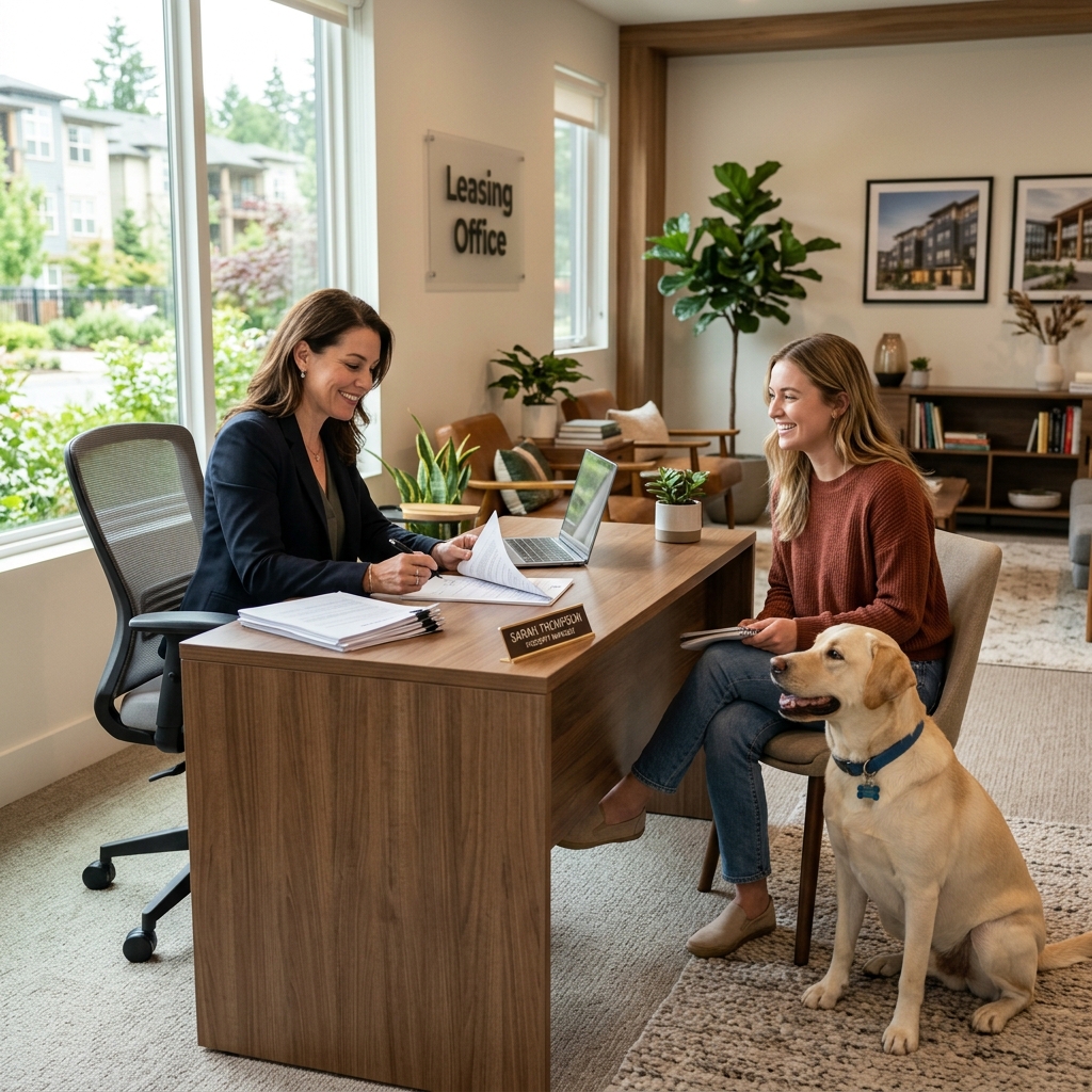 Landlord reviewing ESA verification documents with tenant and emotional support dog in leasing office