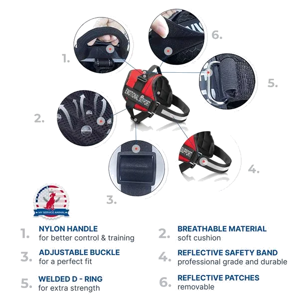 ESA vest features infographic — handle, breathable mesh, adjustable buckle, reflective band, D-ring, patches