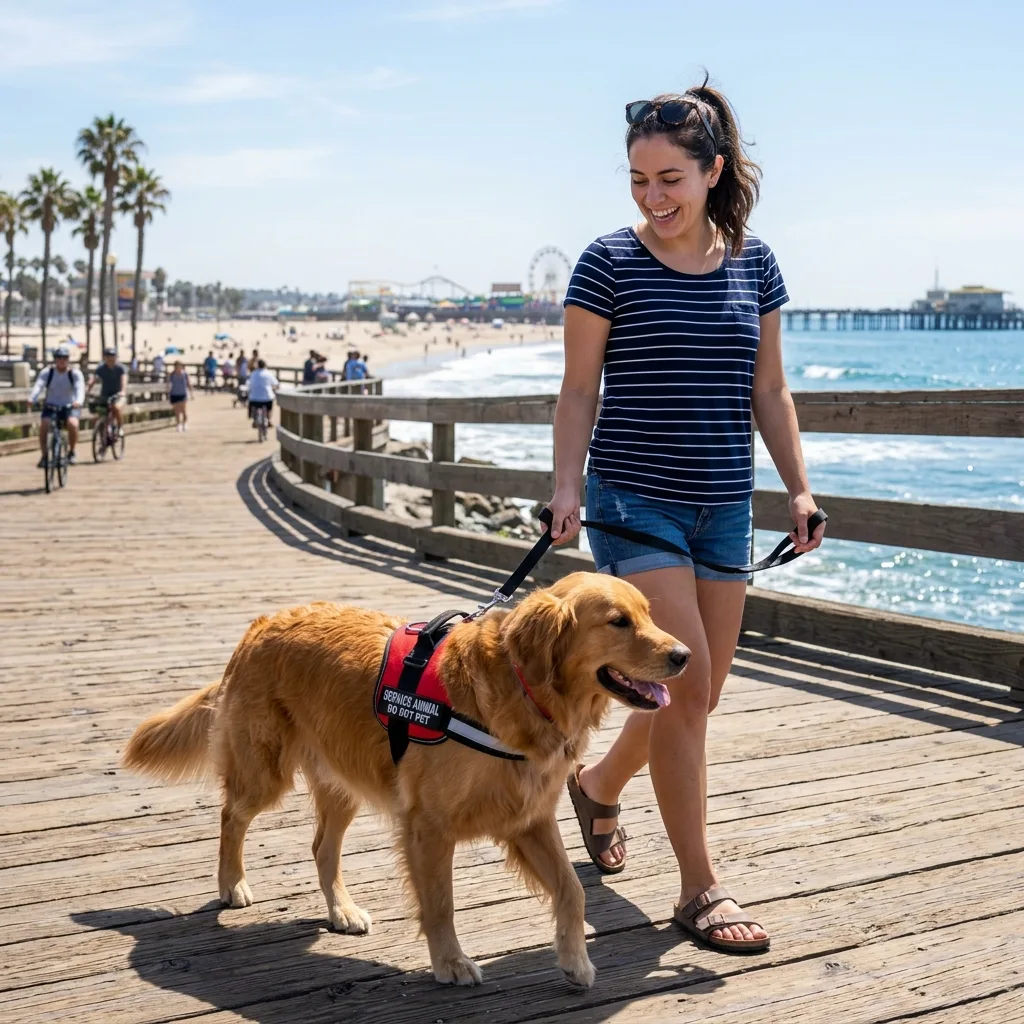A golden retriever wearing a red service animal vest, walking with its handler along a sunny California beach boardwalk.