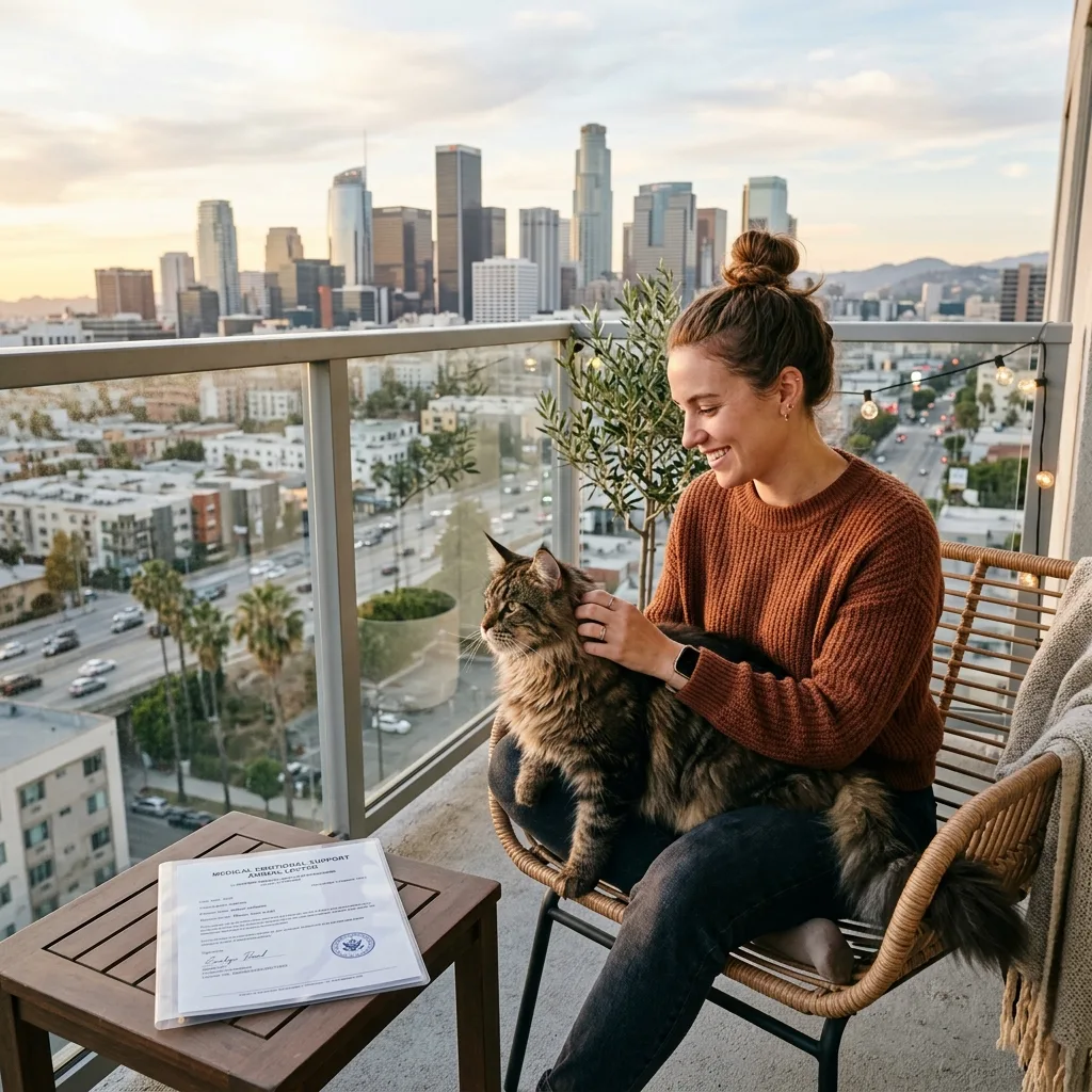 A relaxed female handler sitting on a modern apartment balcony overlooking a California city skyline, petting her Maine Coon cat next to an official ESA letter.