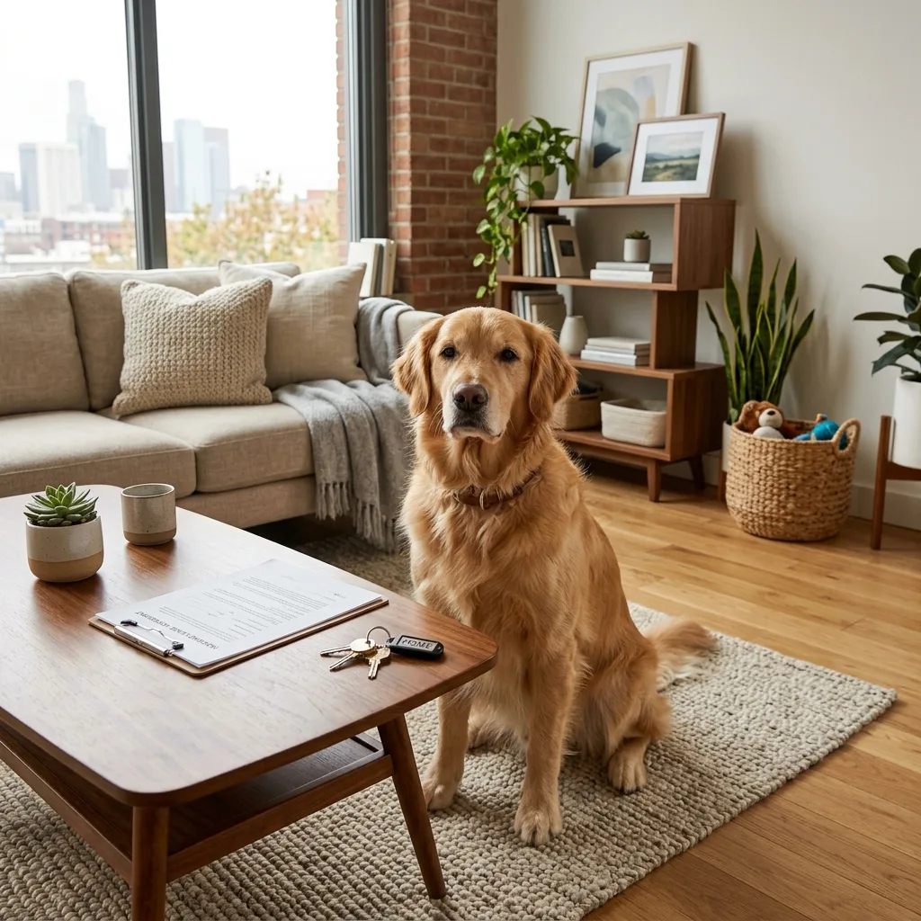 A calm golden retriever sitting in a modern apartment living room next to a housing lease and keys on a table.