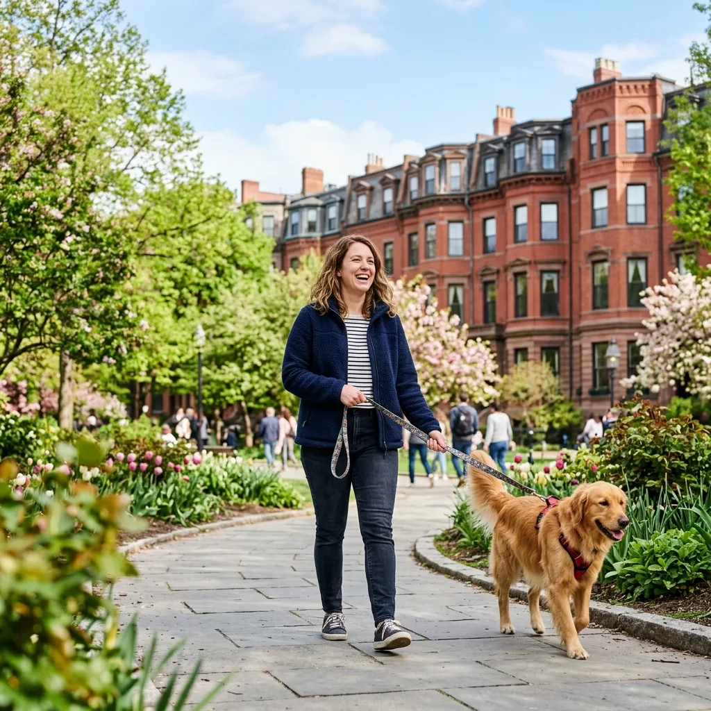 A happy woman walking her golden retriever emotional support animal in a Boston park with historic brownstones.