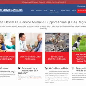 Screenshot of a fake official US service animal registry selling illegal ADA certificates