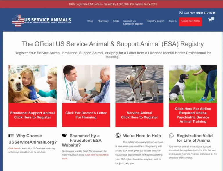 Screenshot of a fake official US service animal registry selling illegal ADA certificates