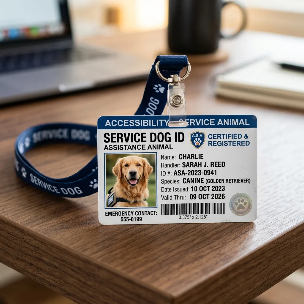 A high-quality service dog ID card with a lanyard, showing professional layout and handler details.