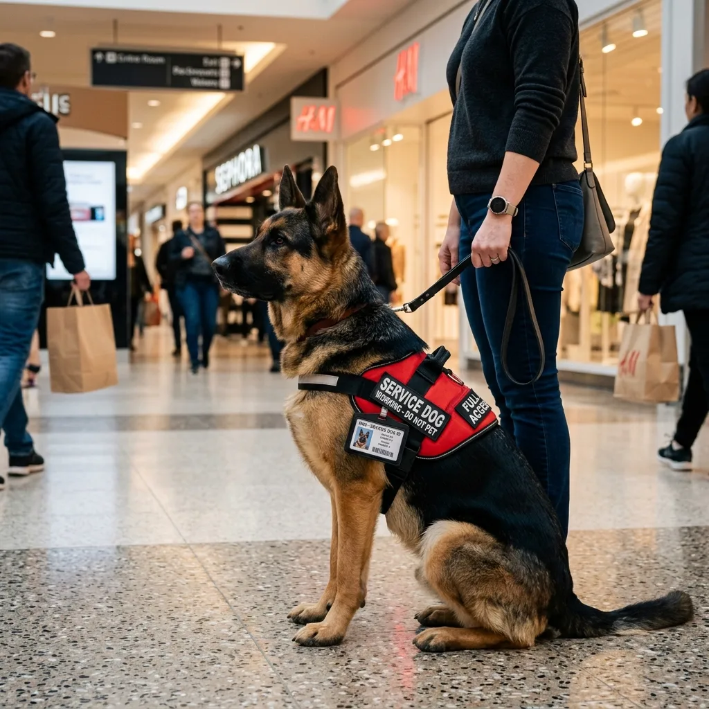 A well-trained German Shepherd service dog wearing a red vest with an ID card attached, sitting attentively in a mall.