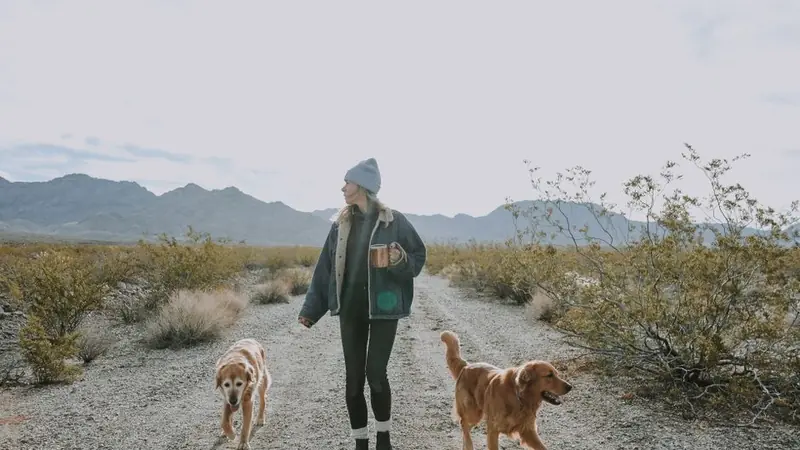 A woman enjoys a leisurely walk with her dogs on a scenic desert trail.