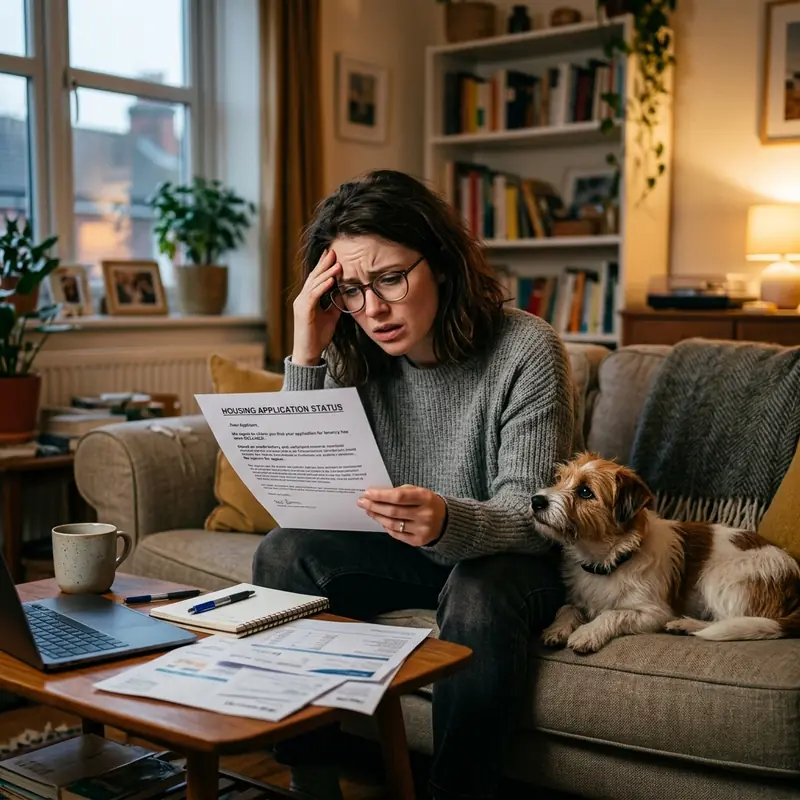 Stressed person with a dog reading a housing rejection letter