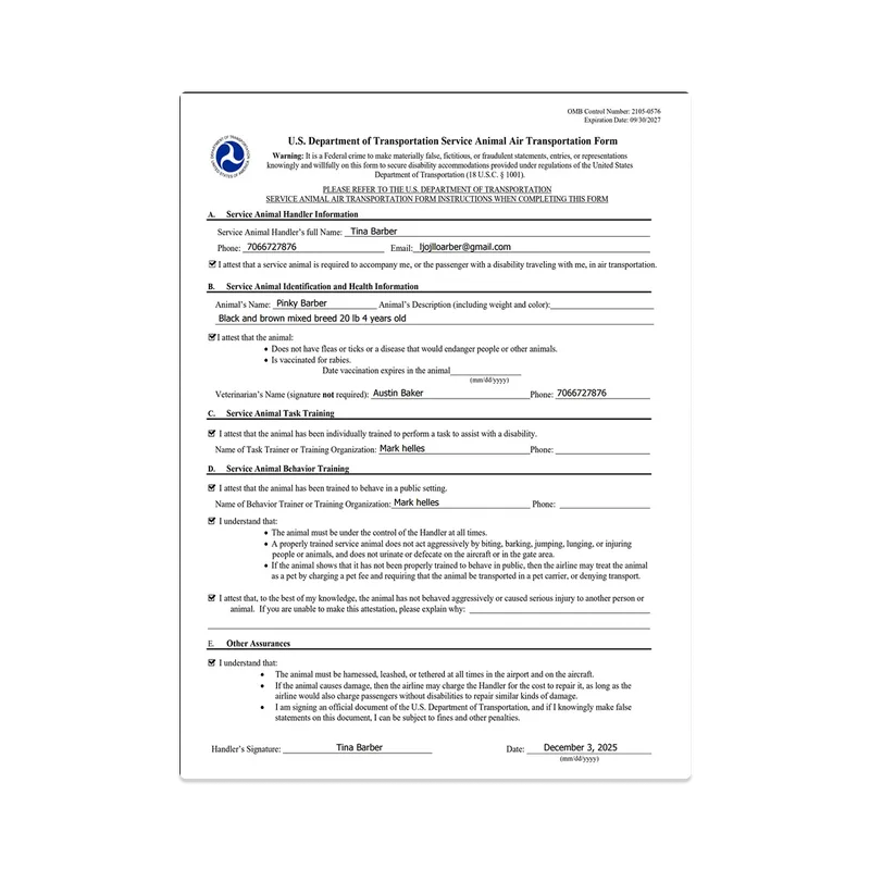 Formulario de viaje aéreo para perros de servicio