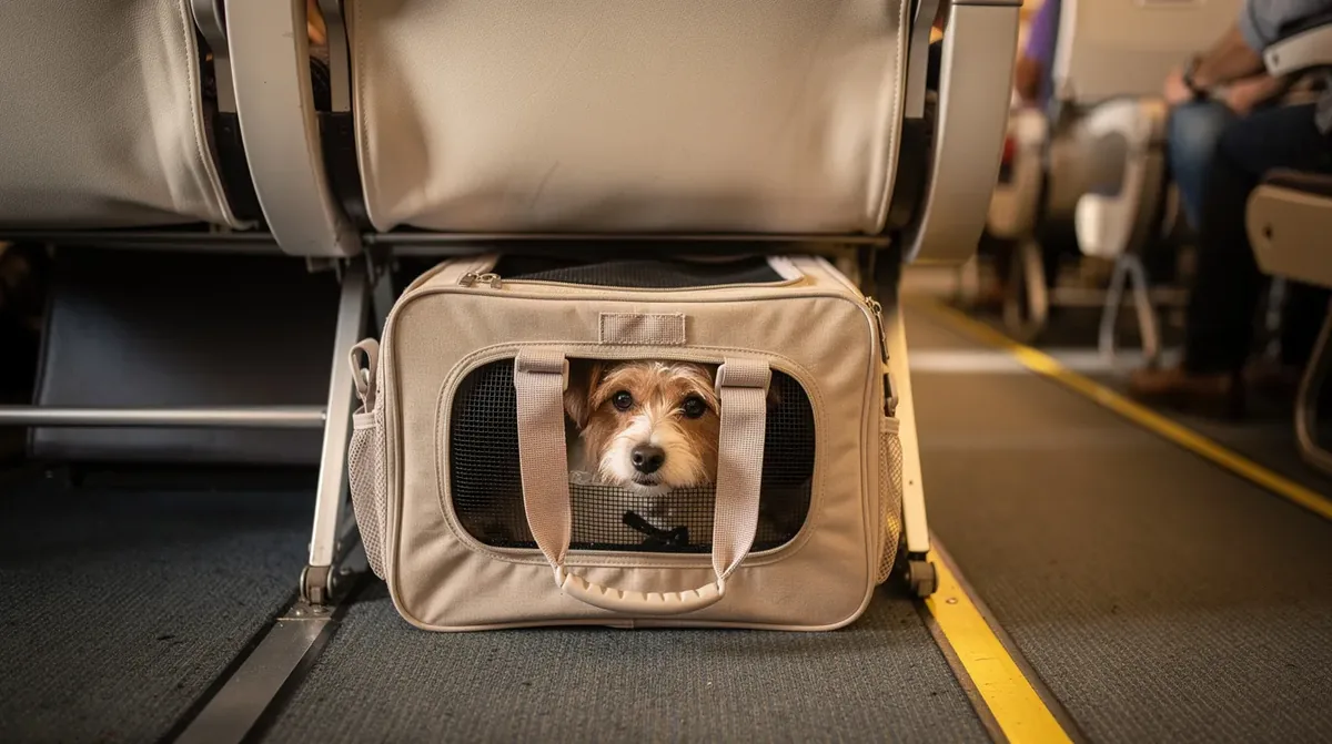 A small dog is comfortably resting inside a soft-sided pet carrier, which is placed under an airplane seat, adhering to American Airlines' pet policy for carry on pets. The carrier features nylon mesh ventilation to ensure the well-being of the warm-blooded animal during the flight.