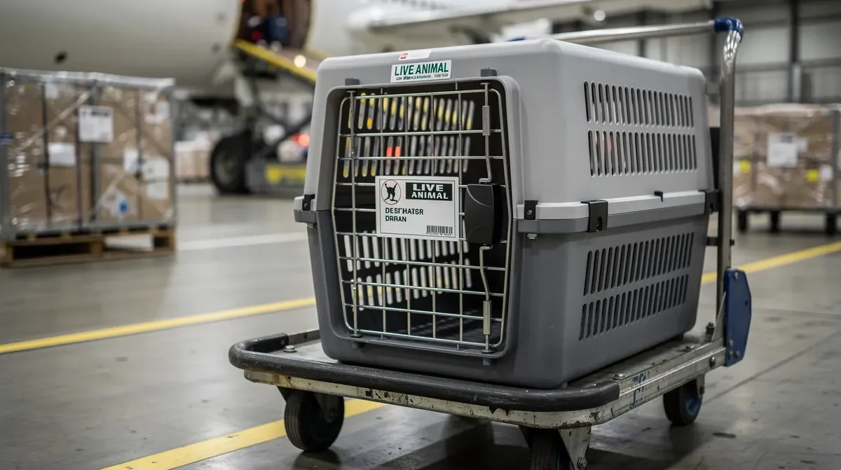A sturdy hard-sided pet kennel is positioned on a cart at an airport cargo facility, designed to transport warm-blooded animals securely. This pet carrier adheres to the airlines' pet policy, ensuring adequate ventilation and safety for pets traveling on domestic flights with American Airlines.