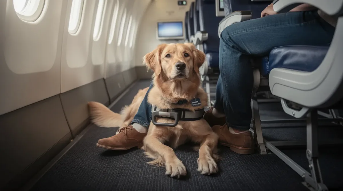 A calm service dog wearing a harness is lying at a person's feet on an airplane, showcasing the comfort and support that service animals provide during domestic flights. This scene highlights the importance of pet-friendly airlines like American Airlines, which accommodate service animals and ensure their well-being throughout the journey.
