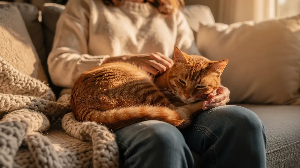 An orange tabby cat rests peacefully on a person's lap, providing a calming presence and companionship on the couch. This affectionate feline companion may serve as an emotional support cat, helping to alleviate stress and anxiety for its owner.