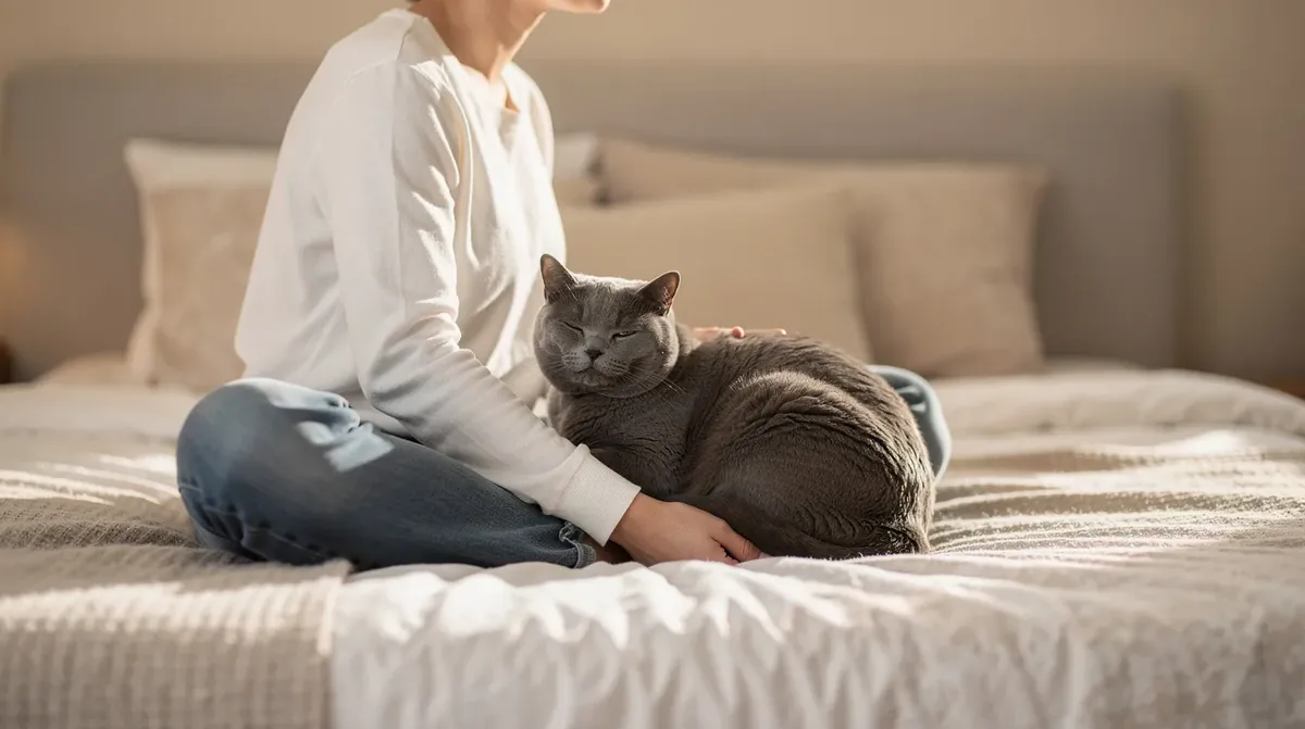 A person sits cross-legged on a bed, with a gray cat curled up beside them, providing a calming presence and companionship. This affectionate feline companion can offer emotional support, though unlike service animals, cats are not officially recognized as service animals under current laws.