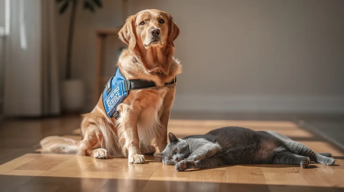 A golden retriever service dog wearing a vest sits calmly on a wooden floor next to a relaxed cat, showcasing the comforting presence of both companion animals. This scene highlights the bond between service dogs, often trained to assist individuals with mental or emotional disabilities, and their feline companions, which can also provide emotional support.
