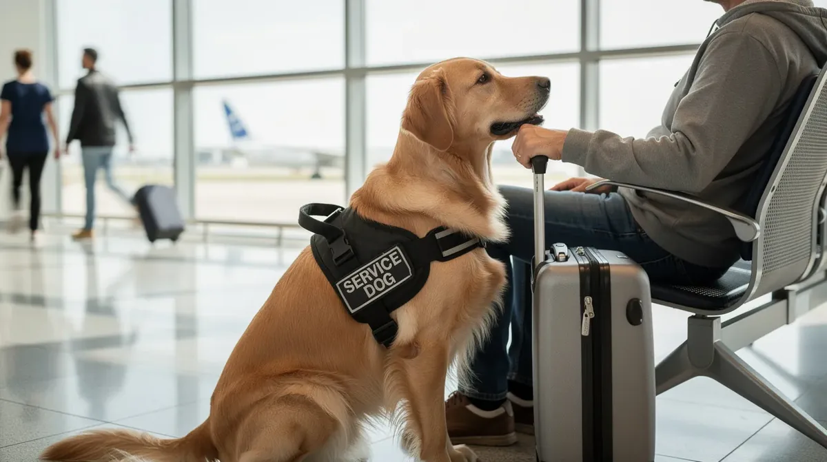 A calm service dog, properly trained and wearing a harness, sits beside its handler in an airport terminal, illustrating the presence of service animals in a public setting. This scene highlights the importance of following the operating carrier's rules for service animal air transportation.
