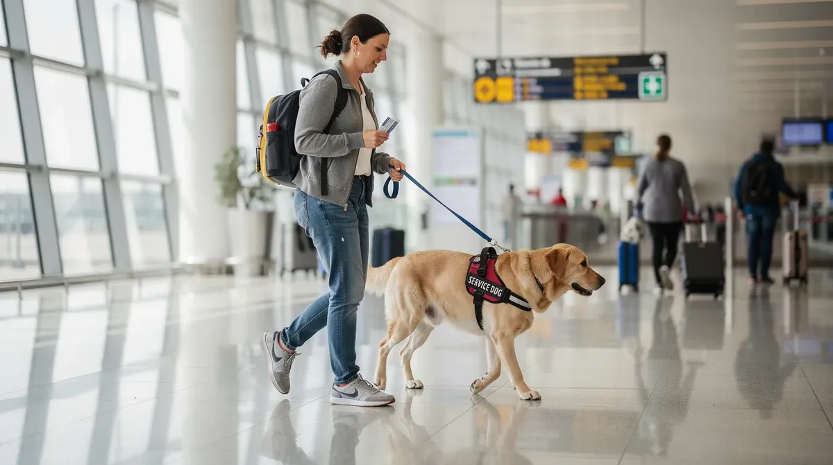 A service animal handler is walking through an airport concourse with a properly trained service dog on a leash, moving through the busy public setting filled with passengers. The handler appears focused and attentive, ensuring the service animal remains calm and well-behaved in the bustling environment.