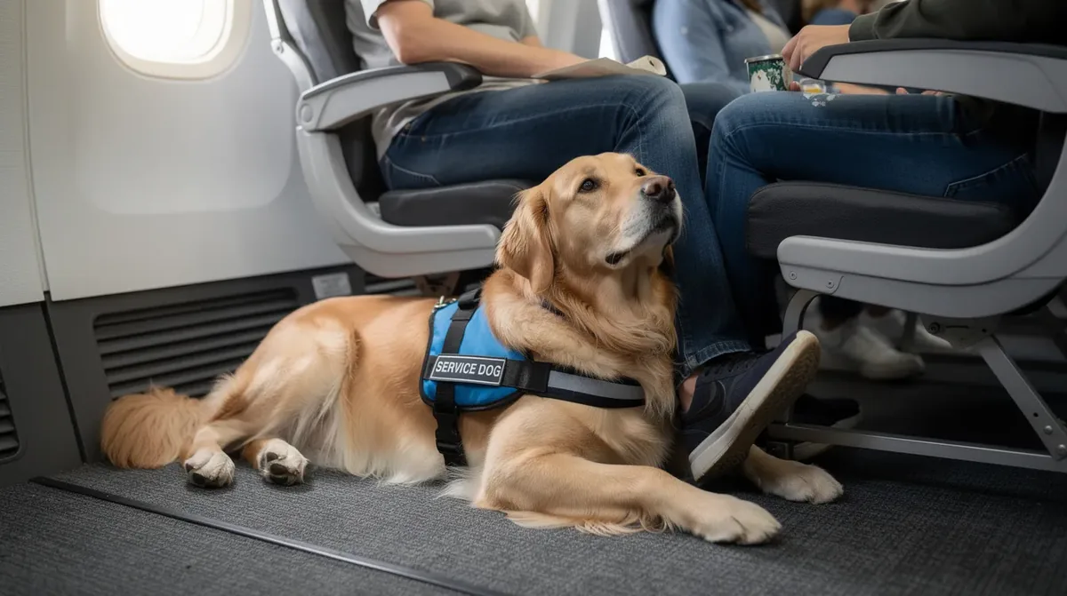 A calm golden retriever service dog lies at the feet of a seated airplane passenger, demonstrating the behavior of a properly trained service animal in a public setting. This scene highlights the importance of service animals in air travel, adhering to the operating carrier's rules for service animal air transportation.