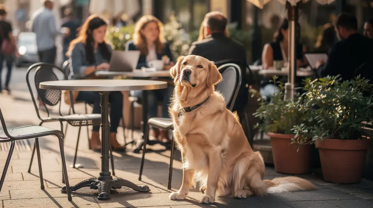 A calm golden retriever sits patiently at an outdoor cafe, surrounded by people and tables, showcasing the well-behaved demeanor often seen in service dogs. This canine companion exemplifies the essential training and socialization that service animals undergo to assist their handlers in public spaces.