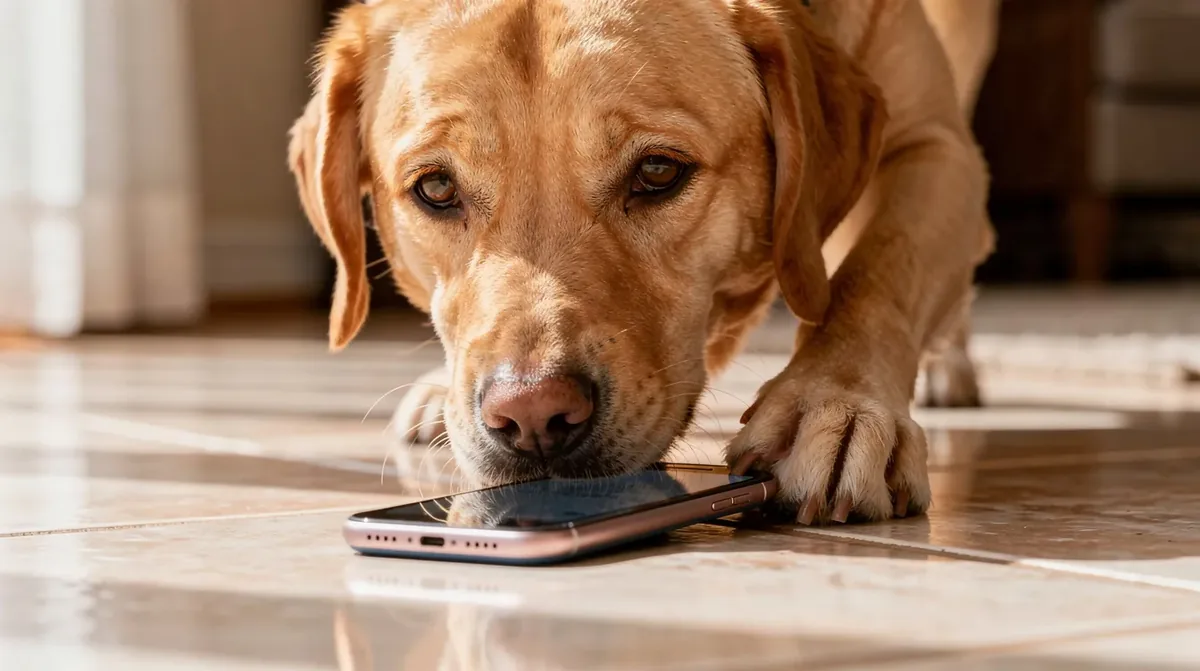 A well-trained Labrador retriever is seen picking up a dropped phone from a tiled floor, showcasing its ability to perform specific tasks as part of its service dog training. This scene highlights the essential assistance that service animals provide to individuals with disabilities.