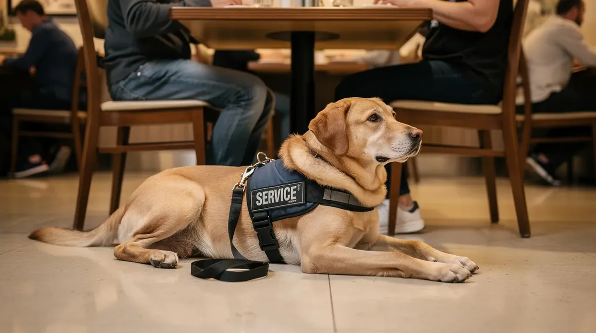 A well-behaved service dog, likely a golden retriever, lies calmly under a restaurant table while its handler sits above, demonstrating the proper behavior and public access training essential for service animals in various environments. This scene highlights the importance of professional training and the ability of service dogs to remain calm in busy public spaces, providing essential assistance to their handlers.
