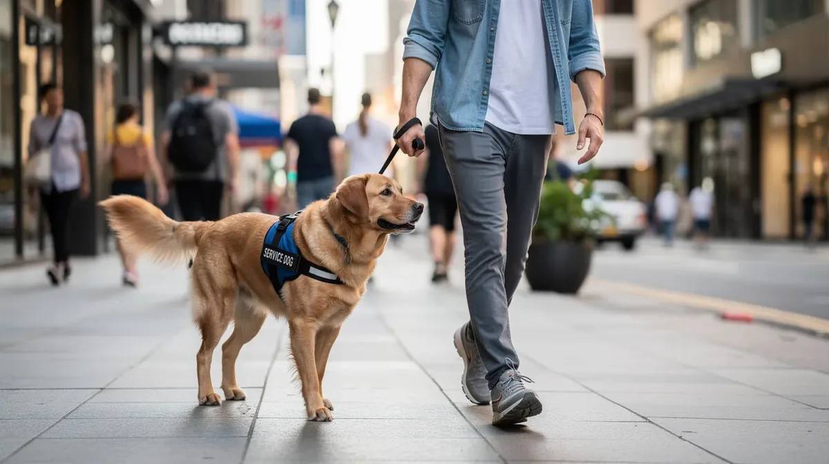 A confident person walks down a city sidewalk with a well-trained service dog in a vest, positioned at heel. The service dog, a golden retriever, is trained to perform specific tasks that assist its handler, showcasing the importance of proper training and public access rights for service animals.