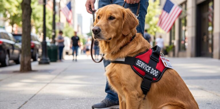 Golden retriever service dog in a red MSA service dog harness on a city sidewalk