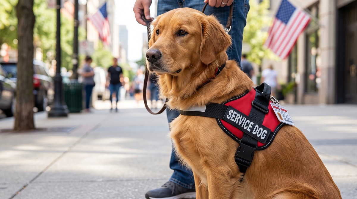 Golden retriever service dog in a red MSA service dog harness on a city sidewalk