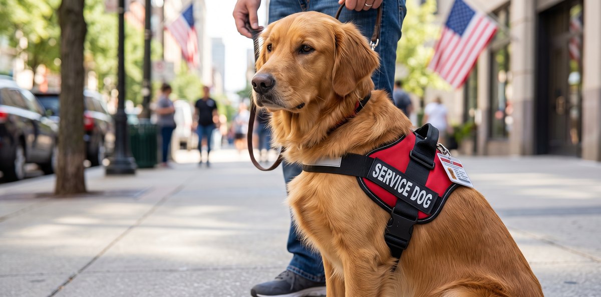 Golden retriever service dog in a red MSA service dog harness on a city sidewalk