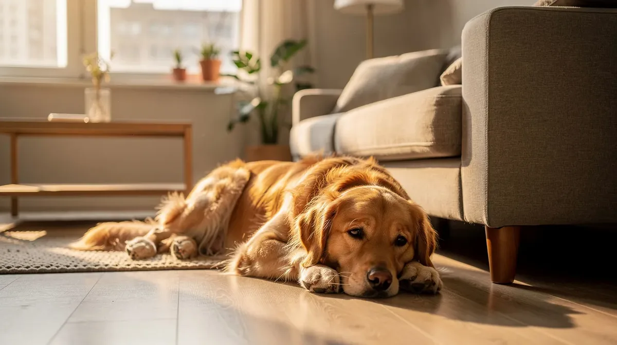 A calm golden retriever is resting peacefully on the living room floor next to a cozy apartment couch, embodying the essence of emotional support animals that provide therapeutic benefits to individuals with disabilities. This serene scene highlights the importance of reasonable accommodation for assistance animals in housing settings.