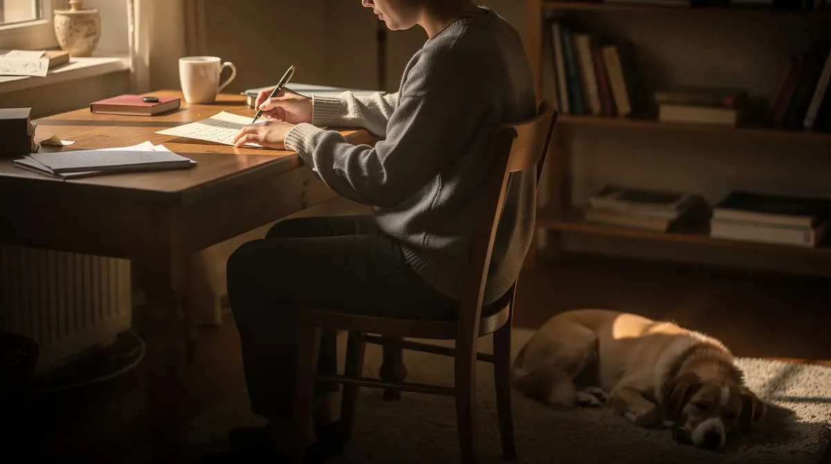 A person is seated at a desk, focused on writing a letter, while a small dog relaxes beside them. This scene highlights the companionship that assistance animals can provide, which is recognized under fair housing laws for individuals with disabilities.
