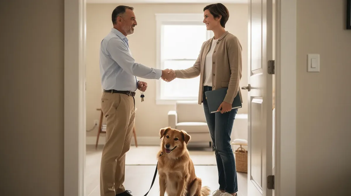 A person and a landlord are shaking hands at the doorway of an apartment, while a well-behaved dog sits calmly nearby, symbolizing the importance of reasonable accommodation for individuals with disabilities under the Fair Housing Act. This scene highlights the positive interaction between housing providers and tenants, emphasizing the legal protections afforded to those requiring assistance animals.