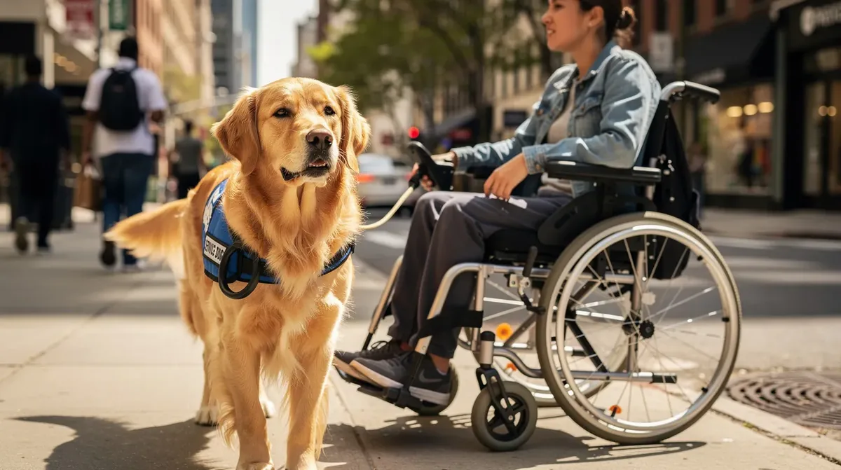 A golden retriever service dog, wearing a service dog vest, walks alongside a person using a wheelchair on a city sidewalk, demonstrating the assistance provided by trained service animals to individuals with disabilities. The dog is individually trained to perform specific tasks, ensuring the handler's comfort and safety in public spaces.