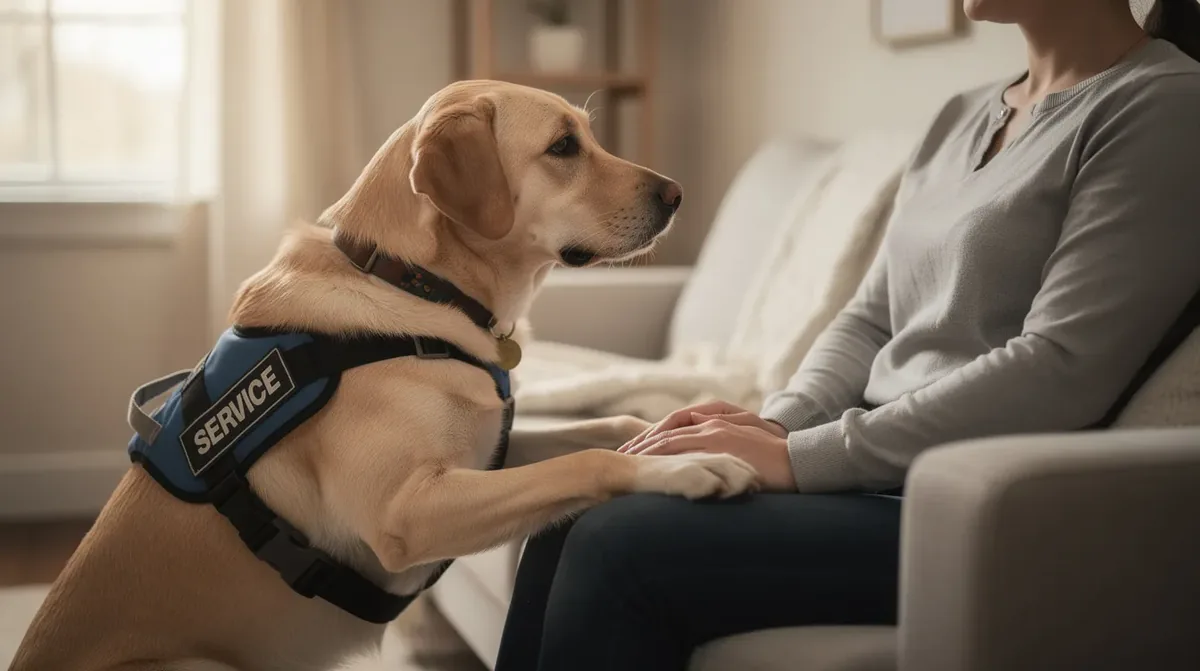 A trained service dog is gently placing its paws on a person's lap, providing deep pressure therapy to help alleviate anxiety or emotional distress. This calming presence is part of the dog's role as a psychiatric service dog, individually trained to perform specific tasks that support the handler's mental health needs.