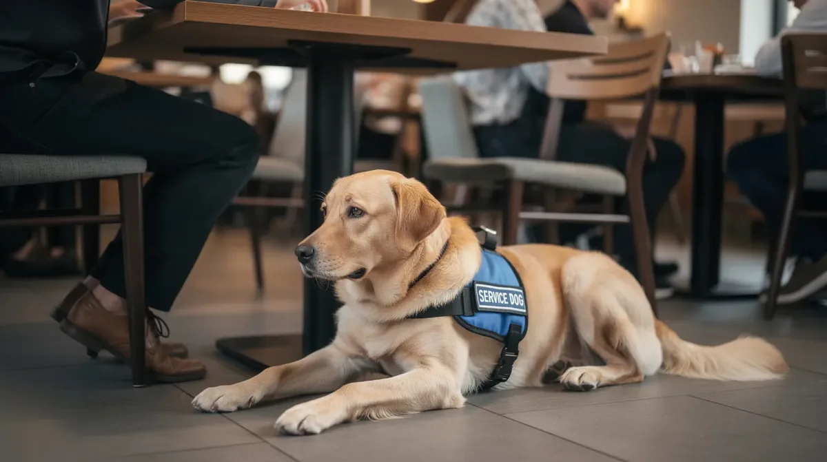 A calm service dog, wearing a service dog vest, is lying quietly under a table in a busy restaurant, providing a calming presence for its handler, who may have a disability. The dog, individually trained to perform specific tasks, remains unobtrusive despite the surrounding activity from other patrons.